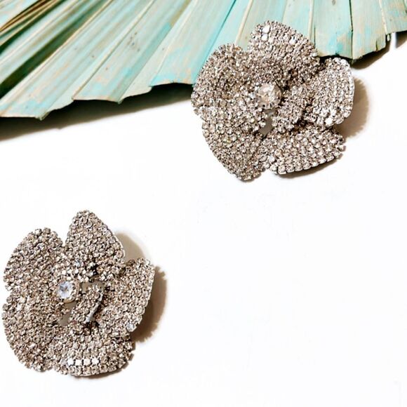 Diamond decor flower statement earrings in silver #994 - Picture 2 of 7
